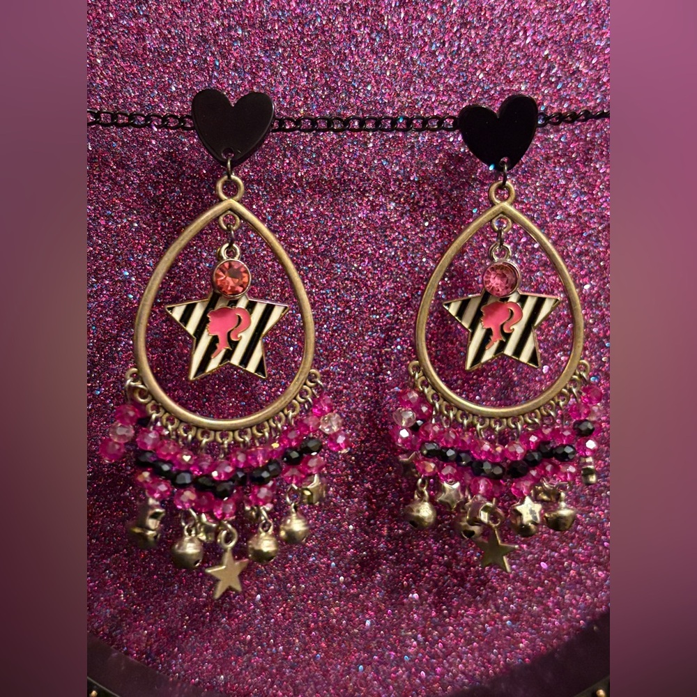 SGC619 stripped stars Barbie cameo boho pink and black  earrings